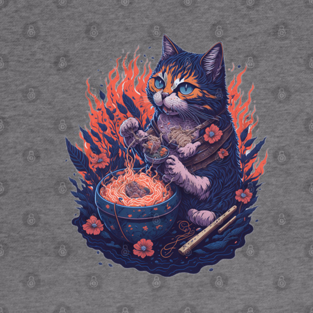 Fantasy cat eating ramen illustration by DrollDrifter