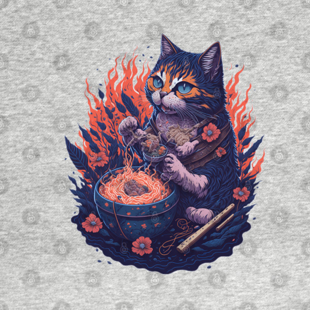 Fantasy cat eating ramen illustration by DrollDrifter