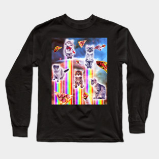 Outer Space Galaxy Cats With Rainbow Long Sleeve T-Shirt