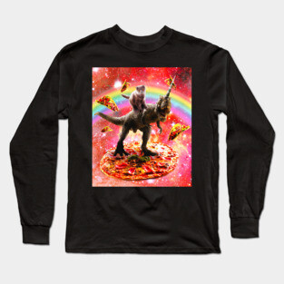 Space Cat Riding Dinosaur Unicorn - Pizza & Taco Long Sleeve T-Shirt