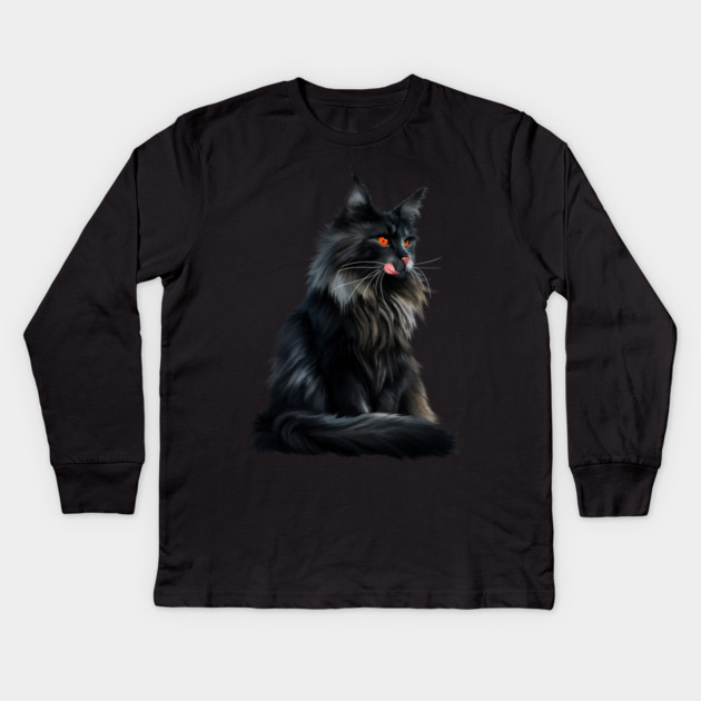 Black Main Coon Cat, Cat Lover Kids Long Sleeve T-Shirt by logiamerch
