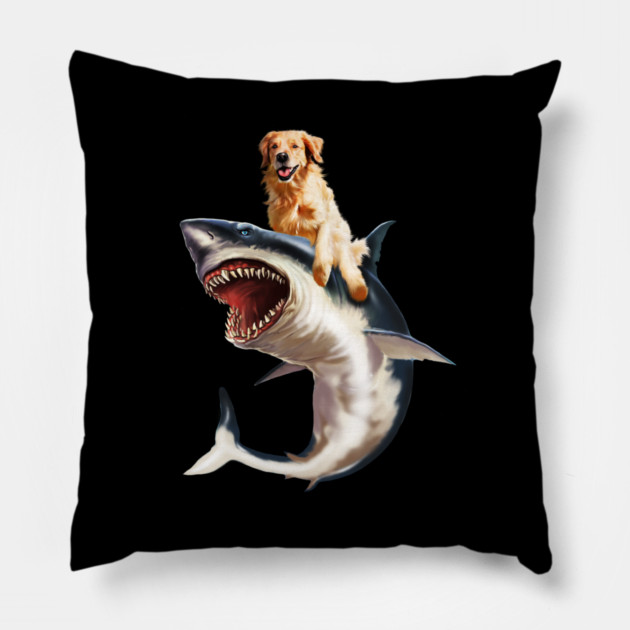 Funny Golden Retriever Dog Riding Shark Pillow by logiamerch