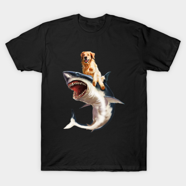 Funny Golden Retriever Dog Riding Shark T-Shirt by logiamerch