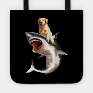 Funny Golden Retriever Dog Riding Shark Tote