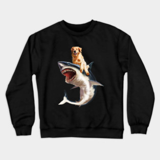 Funny Golden Retriever Dog Riding Shark Crewneck Sweatshirt