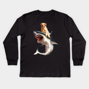 Funny Golden Retriever Dog Riding Shark Kids Long Sleeve T-Shirt
