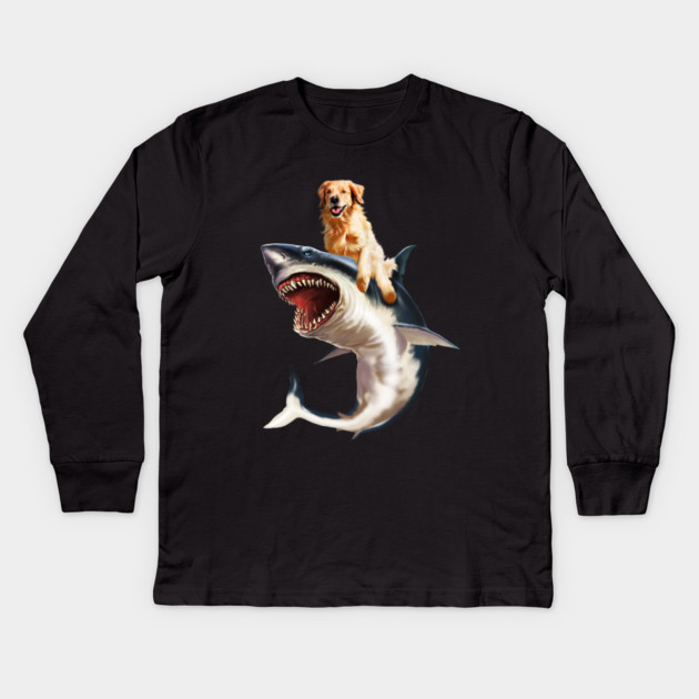 Funny Golden Retriever Dog Riding Shark Kids Long Sleeve T-Shirt by logiamerch