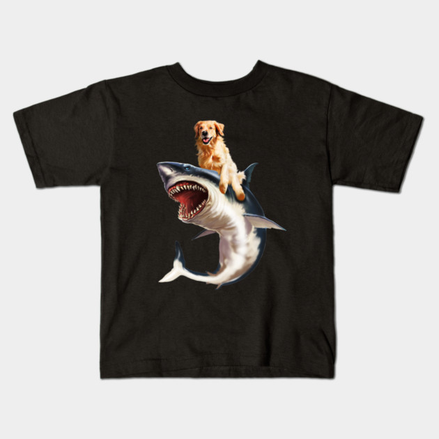 Funny Golden Retriever Dog Riding Shark Kids T-Shirt by logiamerch