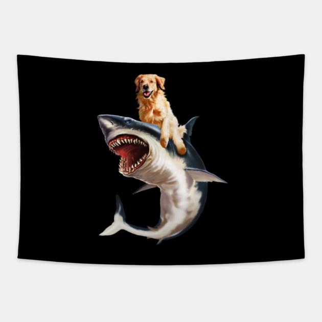 Funny Golden Retriever Dog Riding Shark Tapestry by logiamerch