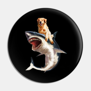 Funny Golden Retriever Dog Riding Shark Pin