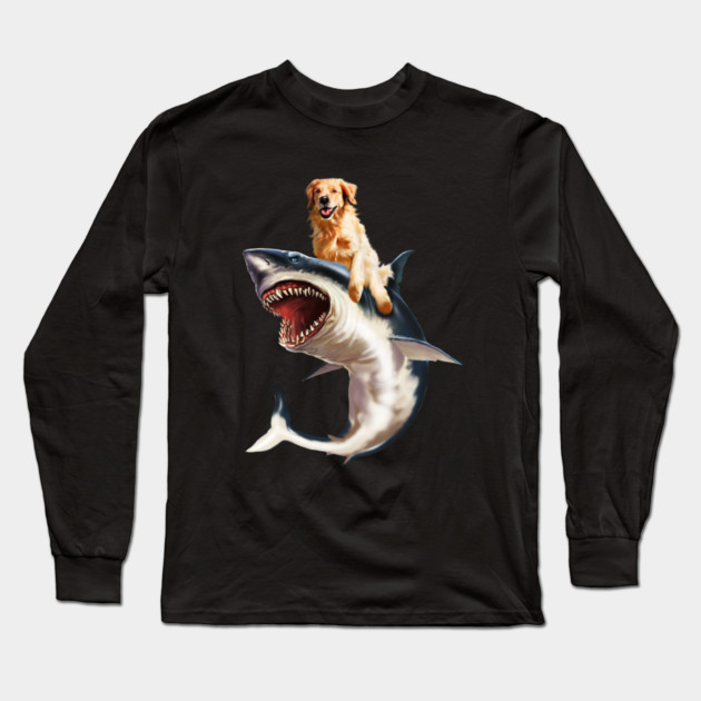 Funny Golden Retriever Dog Riding Shark Long Sleeve T-Shirt by logiamerch