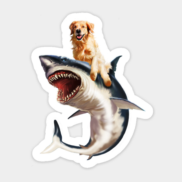 Funny Golden Retriever Dog Riding Shark Sticker by logiamerch