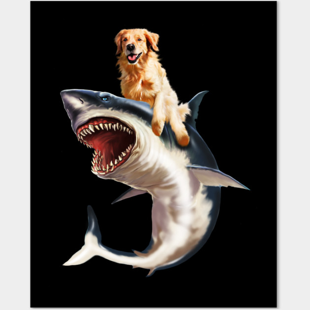 Funny Golden Retriever Dog Riding Shark Wall Art by logiamerch