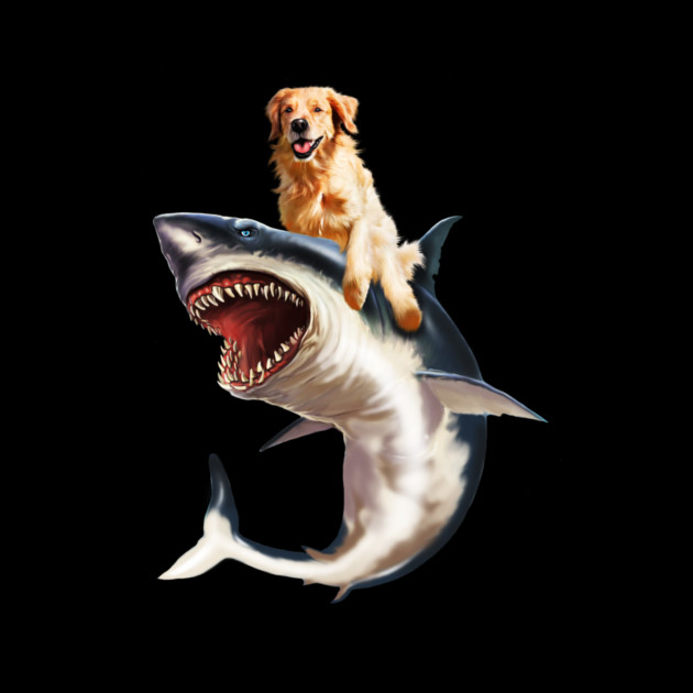 Funny Golden Retriever Dog Riding Shark by logiamerch