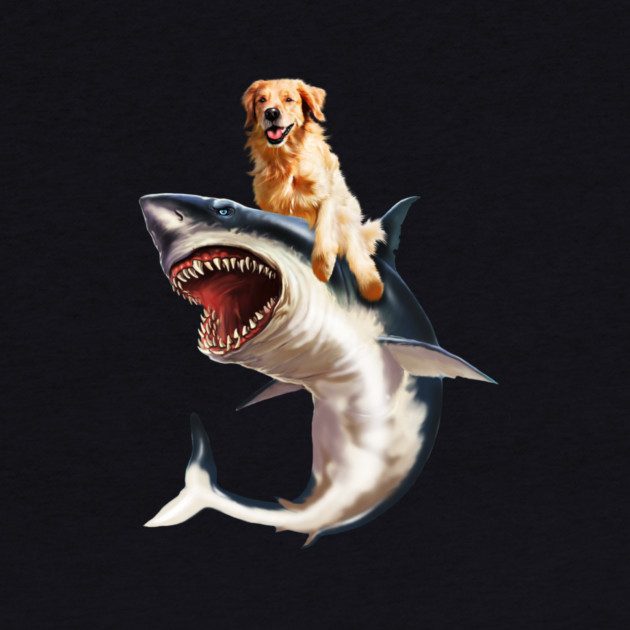 Funny Golden Retriever Dog Riding Shark by logiamerch