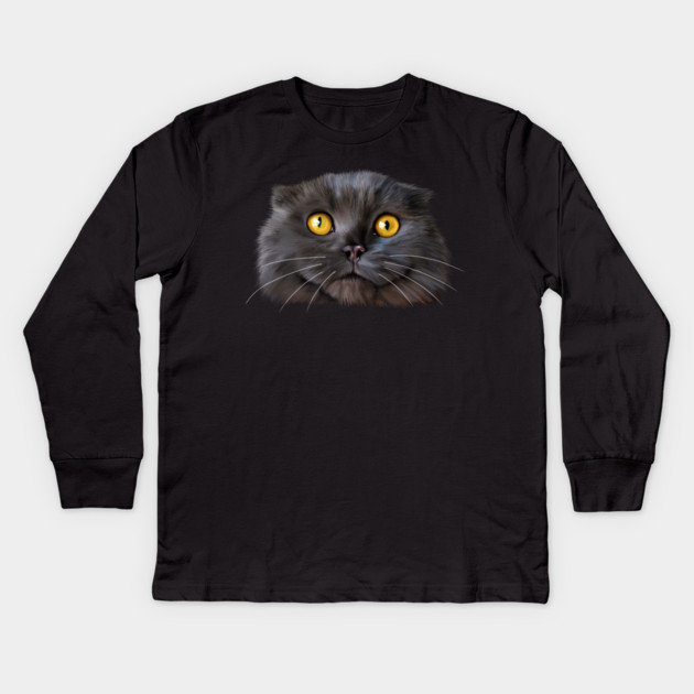 Funny Scottish Fold Face, Cat Lover Kids Long Sleeve T-Shirt by logiamerch