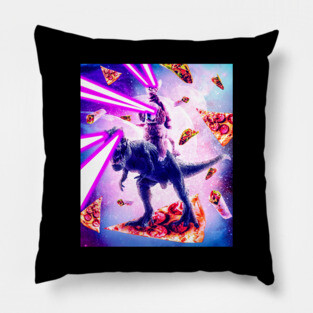 Laser Eyes Space Cat Riding Dog And Dinosaur Pillow