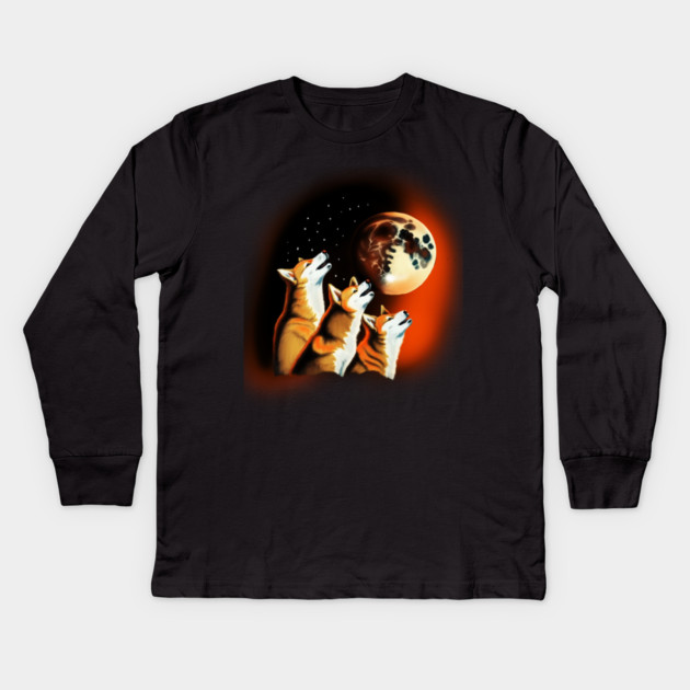 Shiba Dogs Howling at Moon, Shiba Dog Lover Kids Long Sleeve T-Shirt by logiamerch