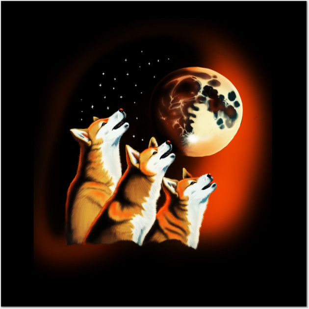 Shiba Dogs Howling at Moon, Shiba Dog Lover Wall Art by logiamerch