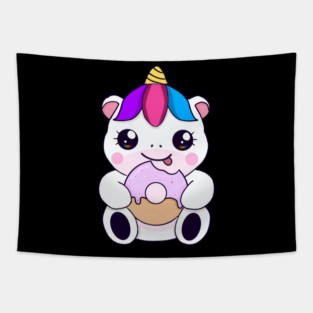 Kawaii Unicorn eating Donut Tapestry
