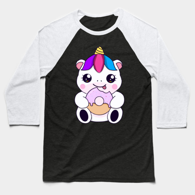 Kawaii Unicorn eating Donut Baseball T-Shirt by logiamerch