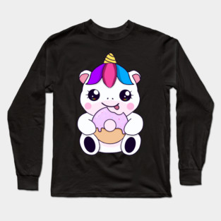 Kawaii Unicorn eating Donut Long Sleeve T-Shirt