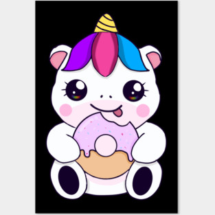 Kawaii Unicorn eating Donut Posters and Art