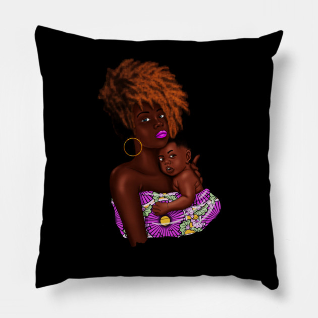 Afro Woman with Child, African Purple Pattern Pillow by logiamerch