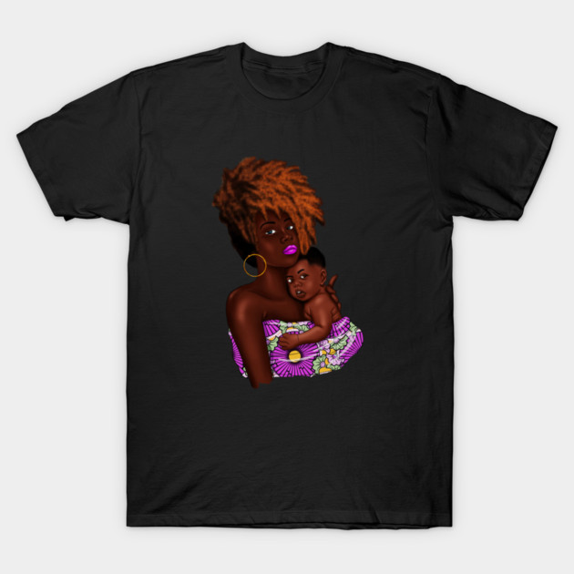 Afro Woman with Child, African Purple Pattern T-Shirt by logiamerch
