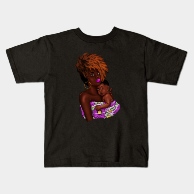 Afro Woman with Child, African Purple Pattern Kids T-Shirt by logiamerch