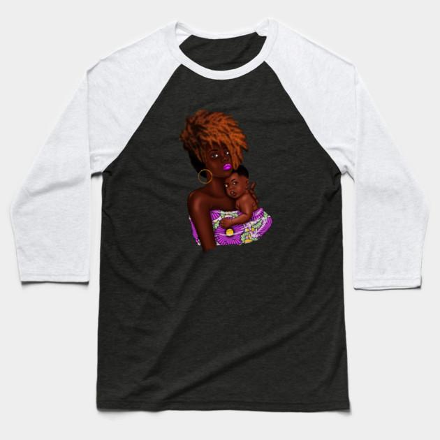 Afro Woman with Child, African Purple Pattern Baseball T-Shirt by logiamerch