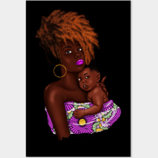 Afro Woman with Child, African Purple Pattern Posters and Art
