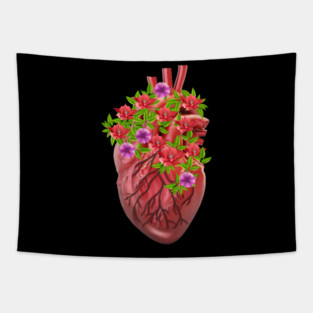 Human Heart Surrounded by Flowers Tapestry