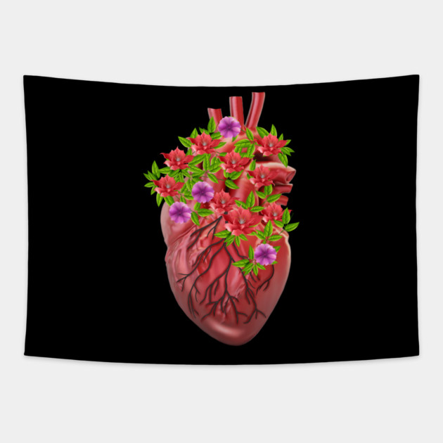 Human Heart Surrounded by Flowers Tapestry by logiamerch