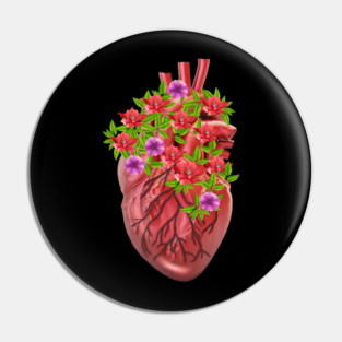 Human Heart Surrounded by Flowers Pin