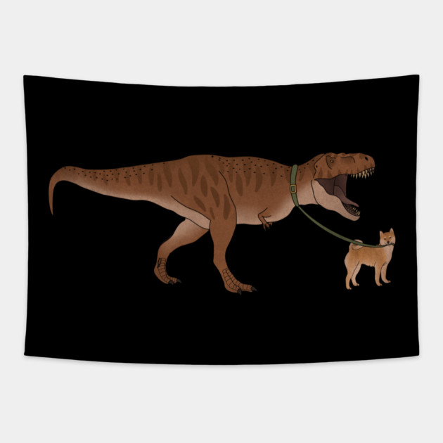 Funny Shiba Inu Dog walking T Rex Dinosaur Tapestry by logiamerch