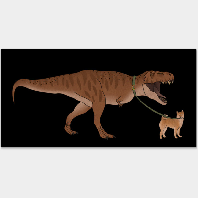 Funny Shiba Inu Dog walking T Rex Dinosaur Wall Art by logiamerch