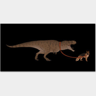 Funny German Shepherd walking T Rex Dinosaur Posters and Art