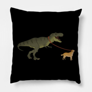 Funny Golden Retriever walking T Rex Dinosaur Pillow