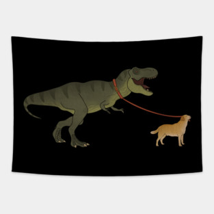 Funny Golden Retriever walking T Rex Dinosaur Tapestry