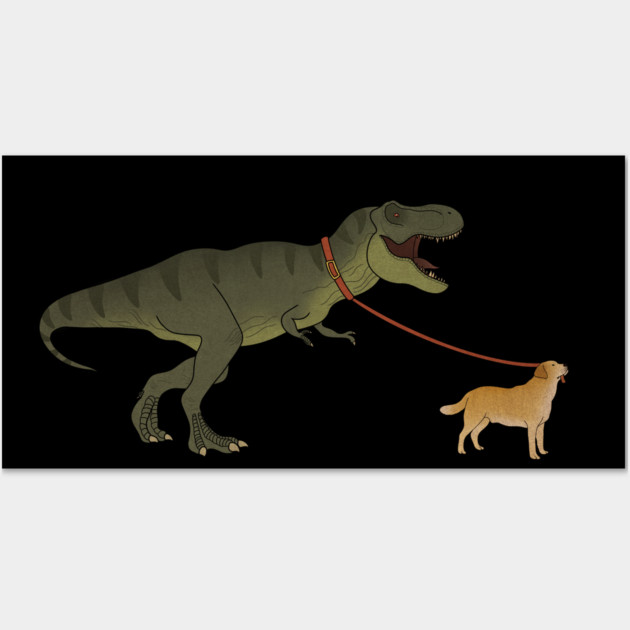 Funny Golden Retriever walking T Rex Dinosaur Wall Art by logiamerch
