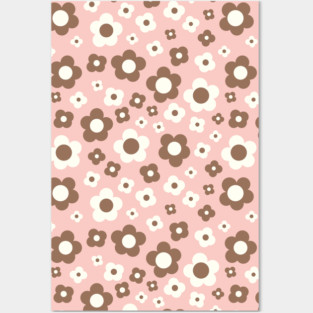 pastel pink and brown groovy retro y2k 2000s big pastel flower power 1960s 60s 70s danish aesthetics coconut girl ditsy daisies Posters and Art