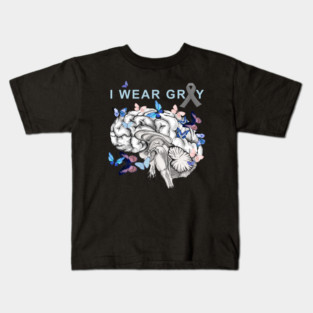 I Wear Grey, Brain Cancer Awareness Brain Tumor, with blue butterflies Kids T-Shirt