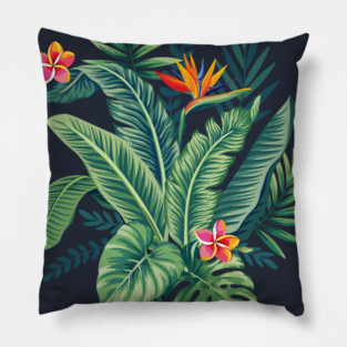 Tropical Banana Monstera Palm Leaves & Flowers Pillow