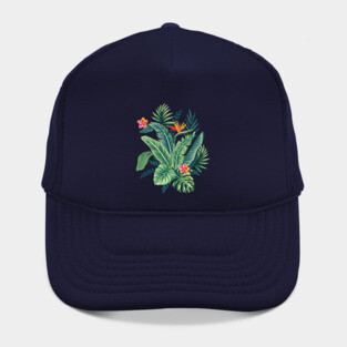 Tropical Banana Monstera Palm Leaves & Flowers Hat