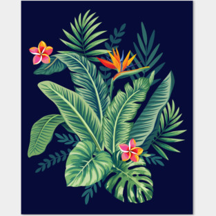 Tropical Banana Monstera Palm Leaves & Flowers Posters and Art