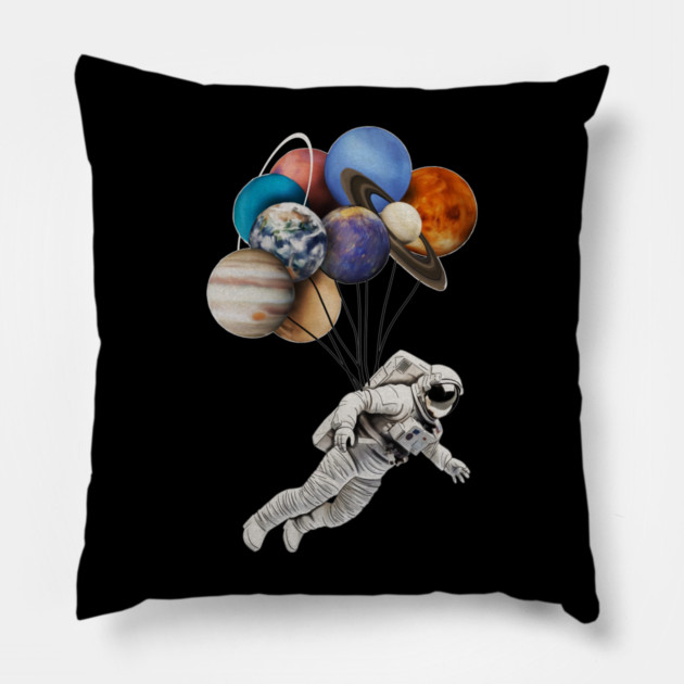 Astronaut Floating with Planets as Balloons Colourful Pillow by logiamerch