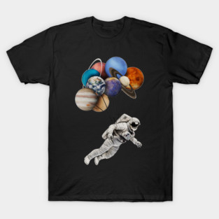 Astronaut Floating with Planets as Balloons Colourful T-Shirt