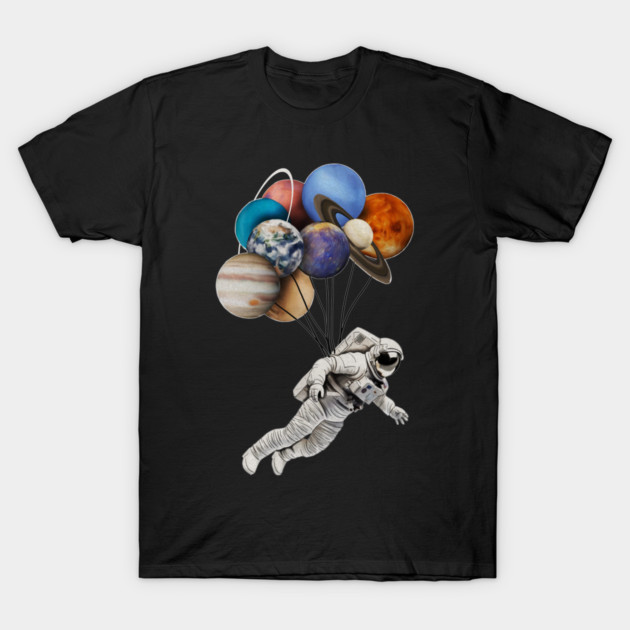 Astronaut Floating with Planets as Balloons Colourful T-Shirt by logiamerch