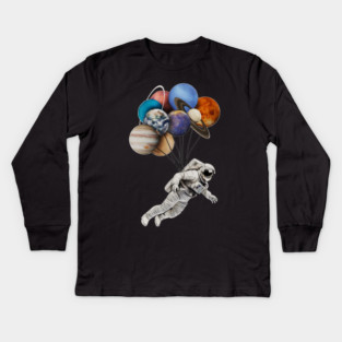 Astronaut Floating with Planets as Balloons Colourful Kids Long Sleeve T-Shirt